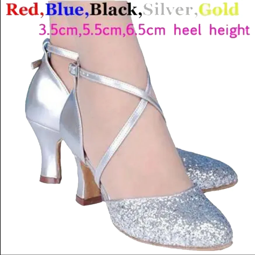 Zapatos de baile latino de Punta cerrada para mujer, calzado de baile de salón, Tango, Salsa, azul, rojo, negro, dorado, plateado, 5 colores