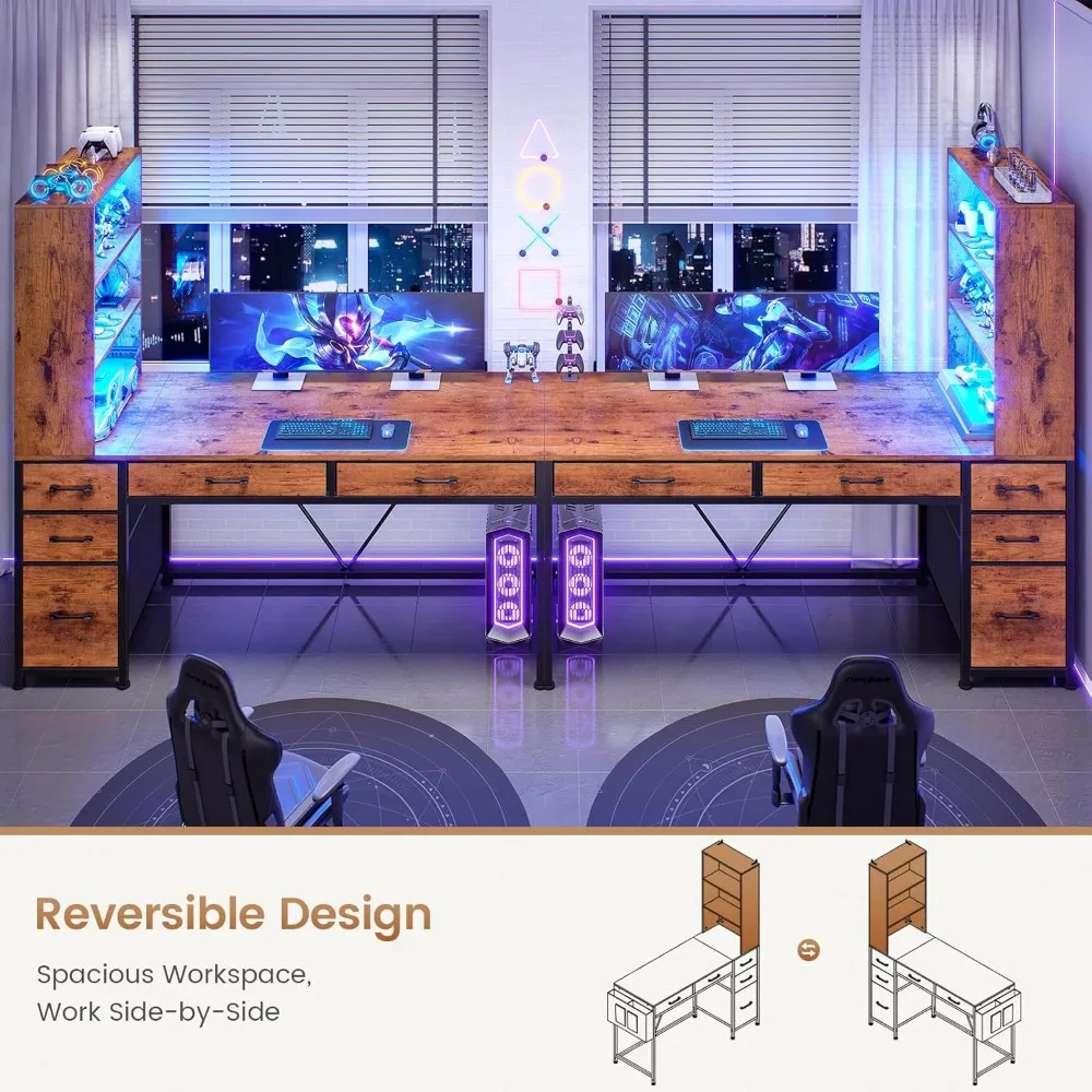 Computer Desk with 5 Drawers and Bookshelf, Reversible Home Office Desk with Storage Shelves and File Drawer, Gaming Desk 3