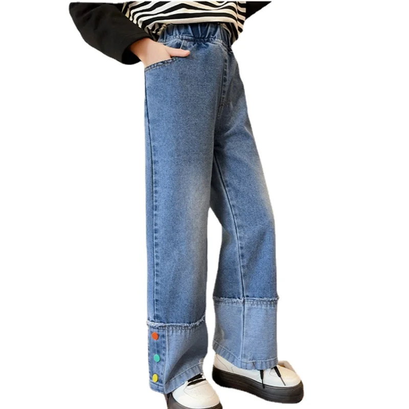 

Girls Fashion Jeans Spring Casual Color Button Design Wide Leg Pants Streetwear Patchwork Trousers Kids Clothes for Teens 4-14 Y