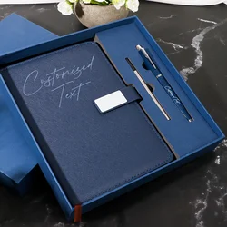 Personalized Premium PU Leather A5 Notebook with Pen - Custom Logo/Text - No Custom (Blue)