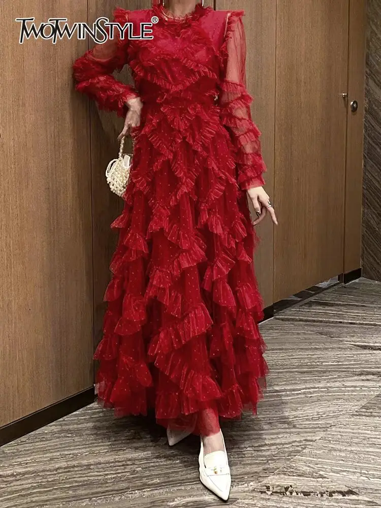 

TWOTWINSTYLE Solid Mesh Dresses For Women Round Neck Long Sleeves Patchwork Edible Tree Fungus Polka Dot Dress Female Fashion