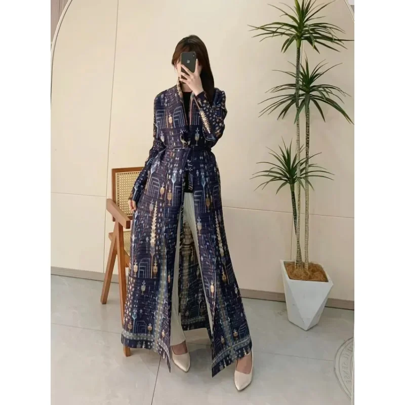 

Женское плиссированное платье Miyake, винтажное дизайнерское платье с отложным воротником и длинным рукавом, модное Свободное длинное пальто, лето 2024