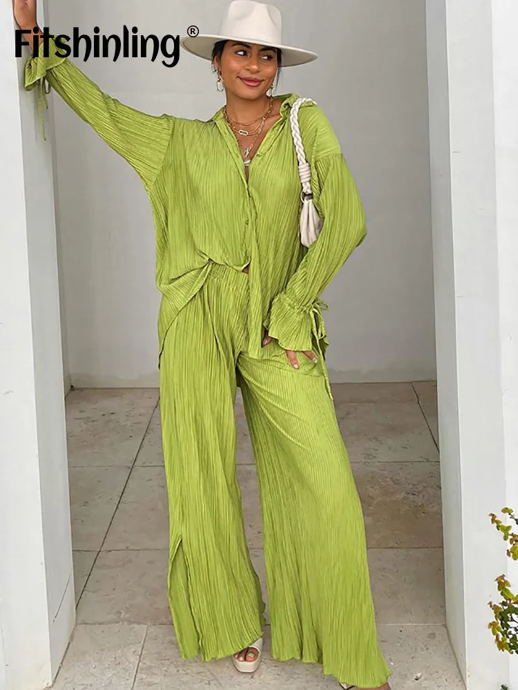 

Fitshinling Rushed Button Loungewear Green Long Sleeve Summer Women's Home Clothes Casual Long Pants Fashion Set 2 Pieces 2022