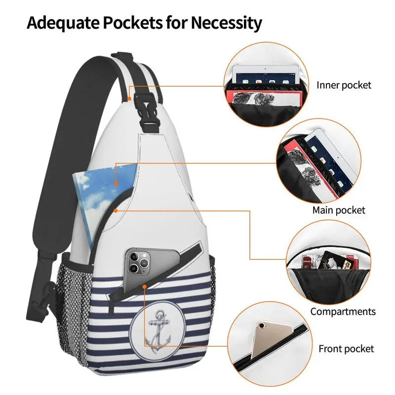 Navy Blue Stripes Nautical Anchor Sling Crossbody Chest Bag Men Fashion Shoulder Backpack for Camping Biking