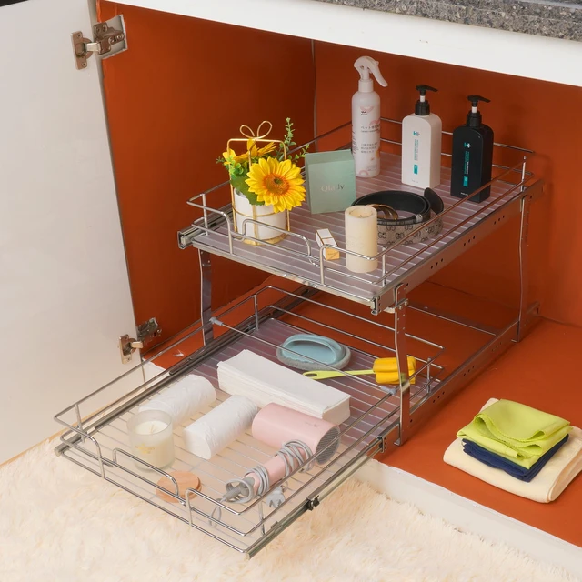 Smart Design Medium Steel 2-Tier Pull Out Cabinet Shelf - Chrome