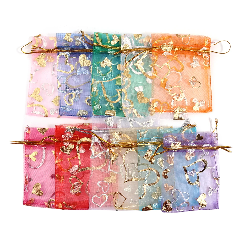 10 stücke Herz Goldprägung Organza Geschenk Beutel Mehrfarbige Kordelzug Beutel Für Süßigkeiten Tasche Verpackung Hochzeit Geschenk Taschen Organza Beutel – Detail 5