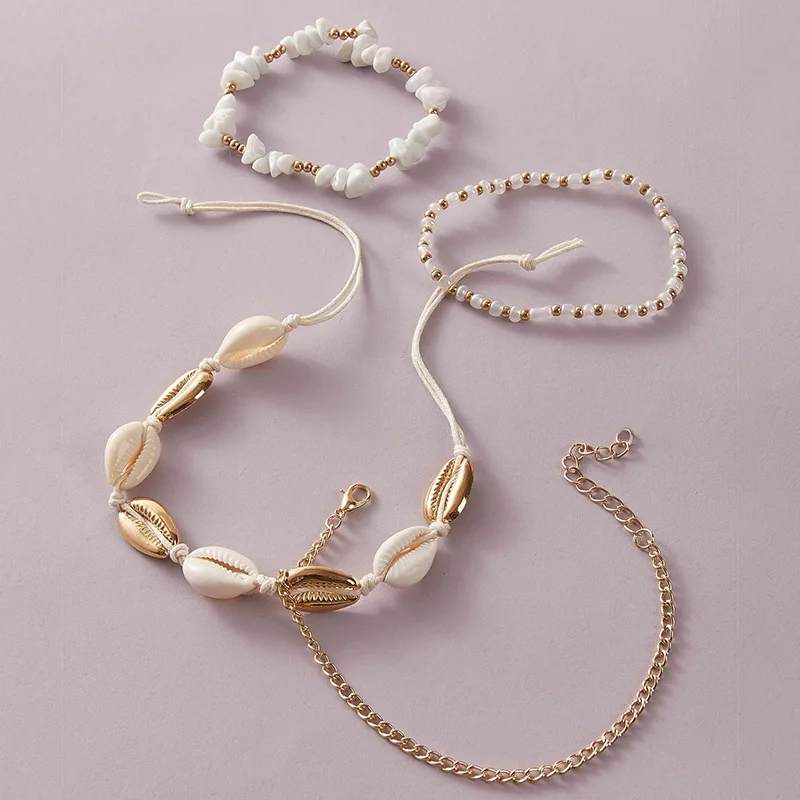 Anklet Bracelet Set Women Boho Shell Charm Crushed Stone Chain silver anklet bracelet ankle chains beads anklet fashion accessories For Women