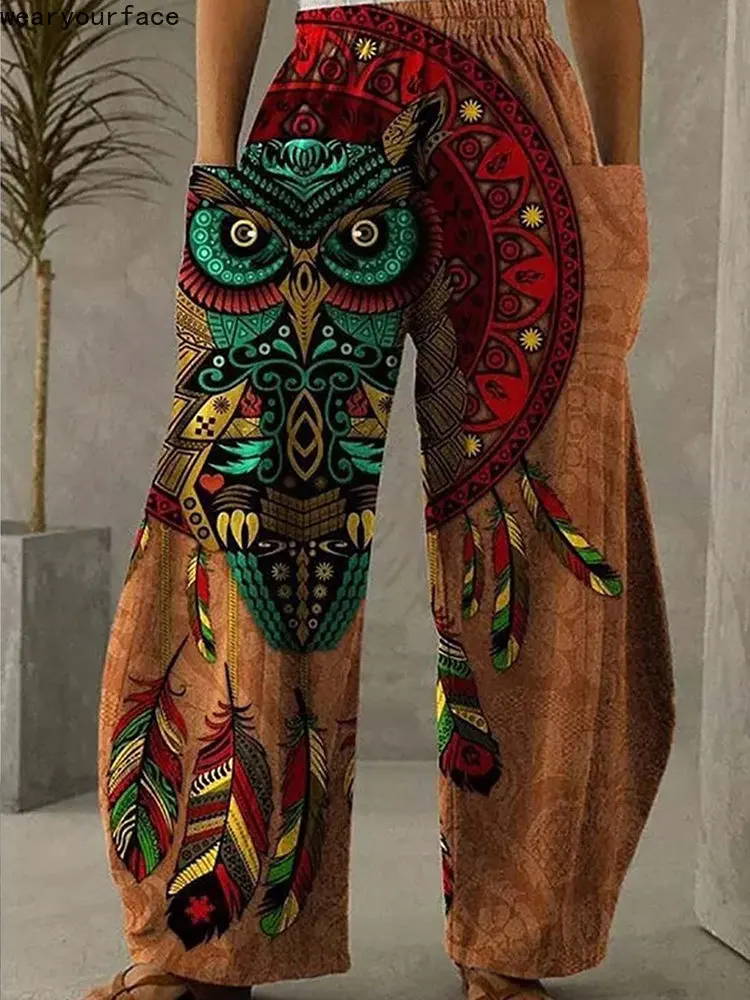 Stripe Owl Wide Leg Pants Full Length Graphics Printed Thin Hipster Korean Fashion Summer Streetwear Trousers Women Clothing