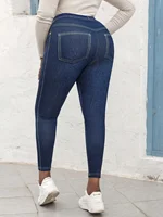 Plus Size Women's High Elasticity Pants Imitation Jeans Printed Washed Effect Slim Fit Female Bottoms Casual Knit Trousers - Image 6