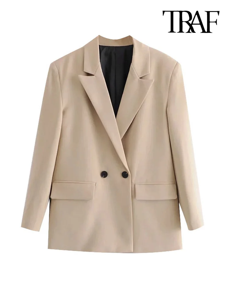 

TRAF Women Fashion Double Breasted Loose Fitting Blazer Coat Vintage Long Sleeve Pockets Female Outerwear Chic Tops