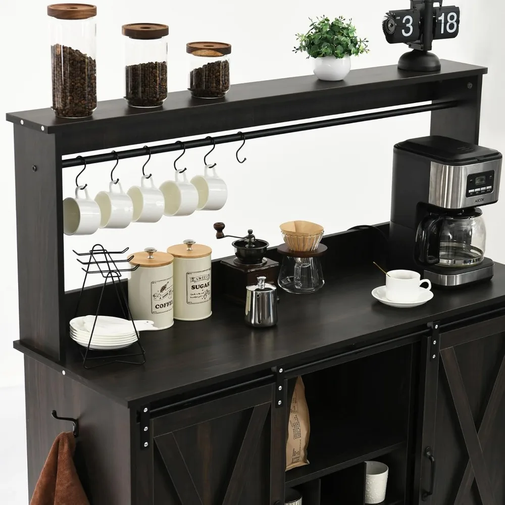 Farmhouse Coffee Bar Cabinet with 6 Hooks, 47&rdquo; Liquor Wine Bar Cabinet with 9 Wine Racks, Kitchen Buffet Storage