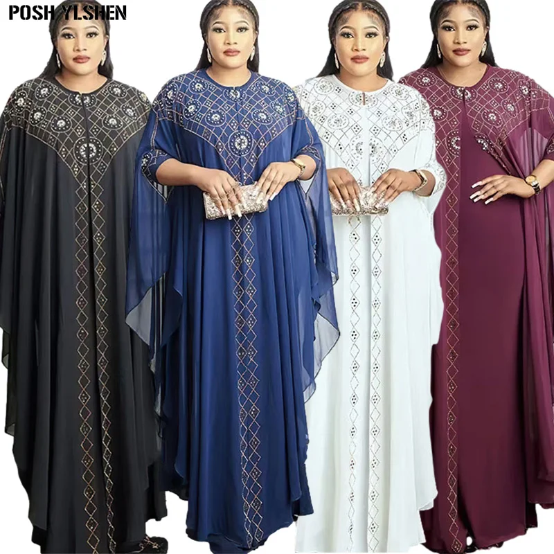 

Two-piece African Dress for Women Kaftan African Clothing Luxury Rhinestone Robe Femme Chiffon Evening Long Dress Africa Clothes