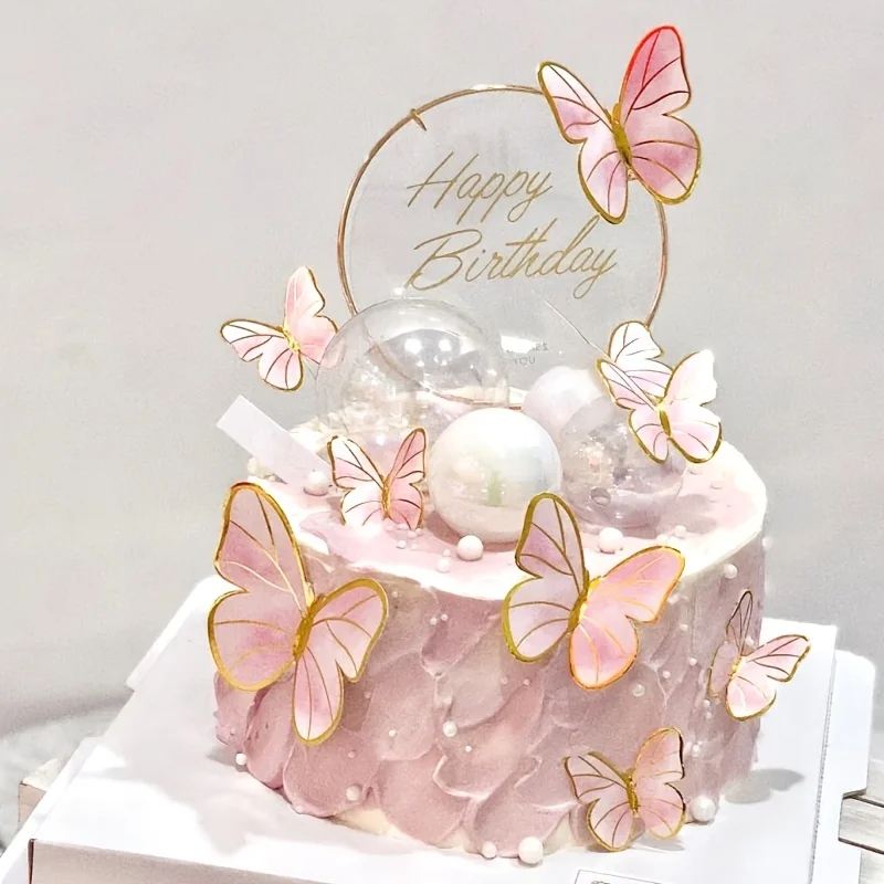 10 Stück Stempeln Gold Rosa Schmetterling Kuchen Topper Prinzessin Mädchen Hochzeit Alles Gute zum Geburtstag Party Dekor Dessert Kuchen Dekor Schmetterling – Detail 2