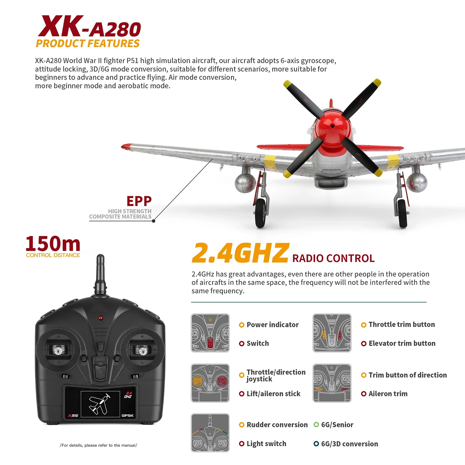 WLtoys XK A280 A160 2560MM P51 P51D RC Aircraft Mustang 4CH