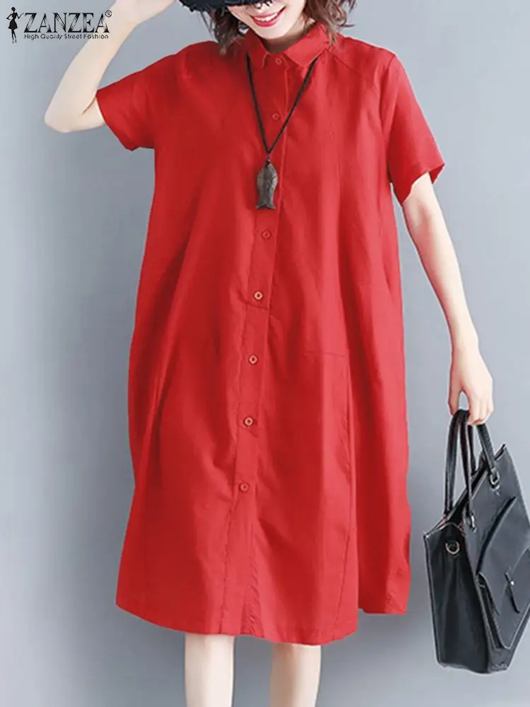 

ZANZEA Summer Oversize Shirt Dress Fashion Casual Buttons Knee-length Vestido Women Lapel Neck Short Sleeve Solid Loose Sundress
