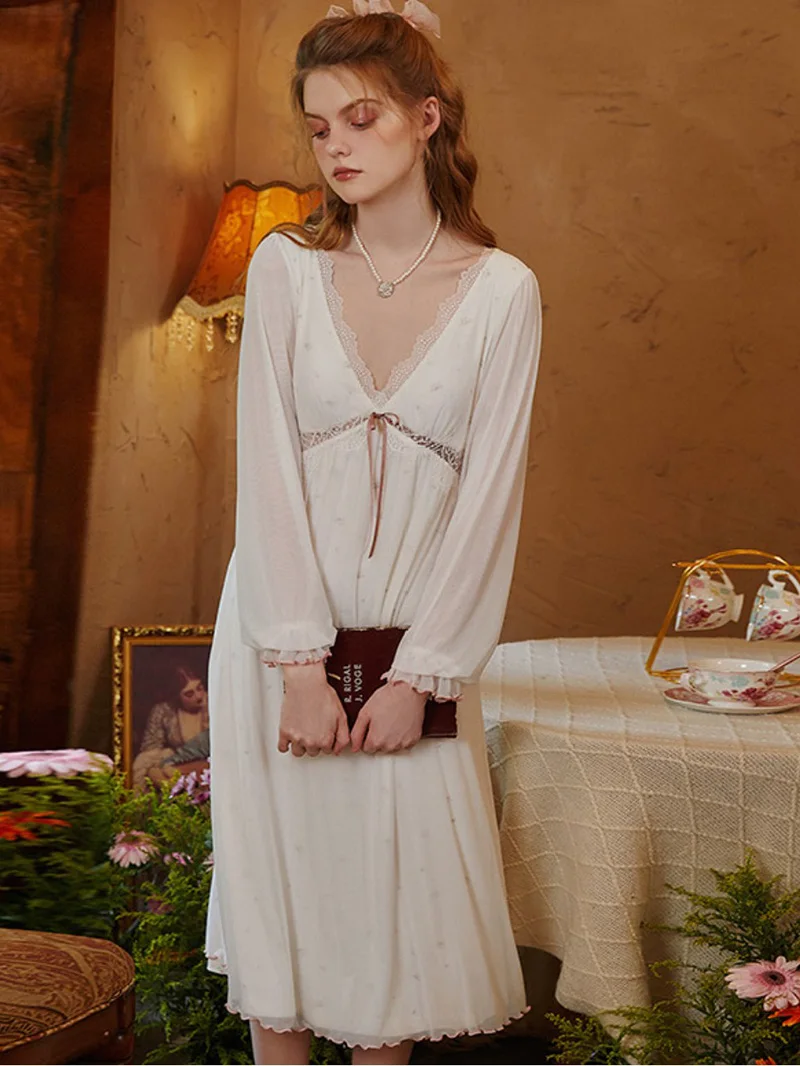 

Women Spring Autumn V-Neck Fairy Modal Pajama Nightgowns with Chest Pad Long Sleeve Vintage Princess Night Dress Sexy Sleepwear