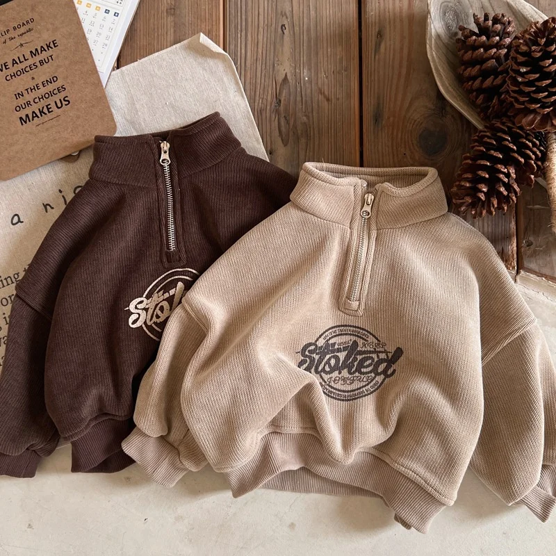 Boys Hoodies Sweatshirts Cotton Thicken Velvet Khaki Warm Winter Autumn Windproof Baby's Kids Children's Clothing
