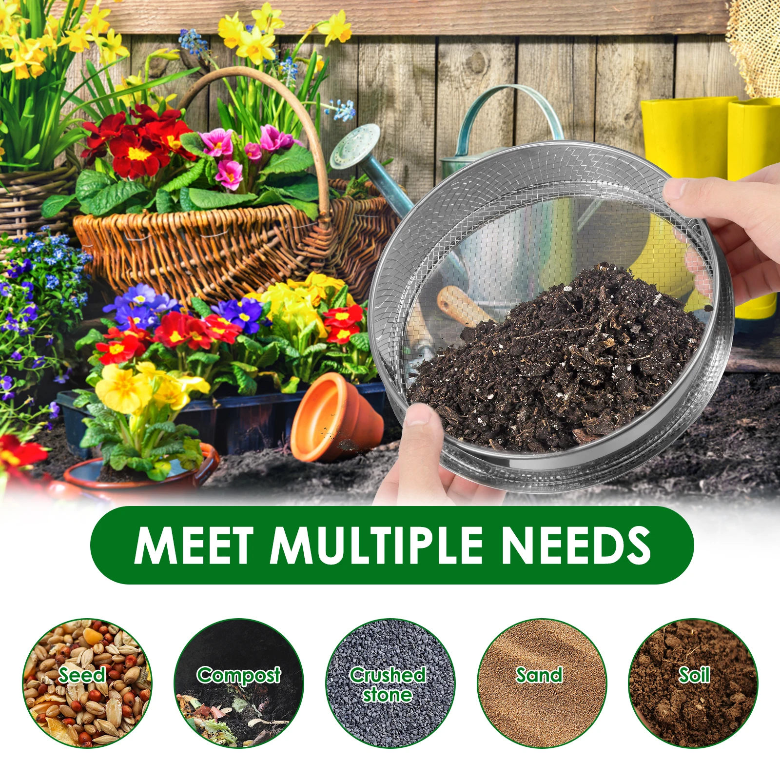 3Pcs Stainless Steel Soil Sieve Stackable Garden Sieve Set 15/20/25cm Compost Rock Sifter Portable Garden Planting Accessories
