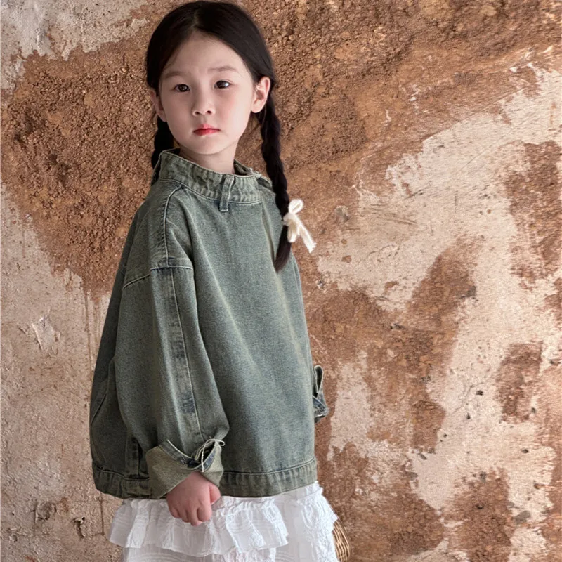 

2023 Autumn Kids Coat boys vintage denim pullover girls stand collar loose long sleeve Hoodies