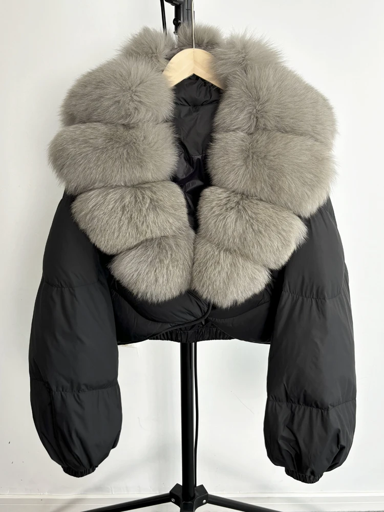 Janveny Real Fur Coat Women Luxury 2024 Winter 90% White Duck Down Jacket Super Big Natural Fox Fur Collar Female Puffer Parkas 4