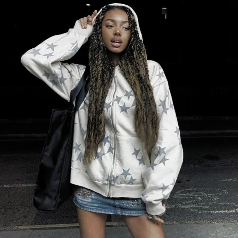 Men Hooded Sweatshirts Women Vintage Star Print Hoodies Fashion Casual Zip Up Long Sleeve Loose Jacket Coats Streetwear 2023