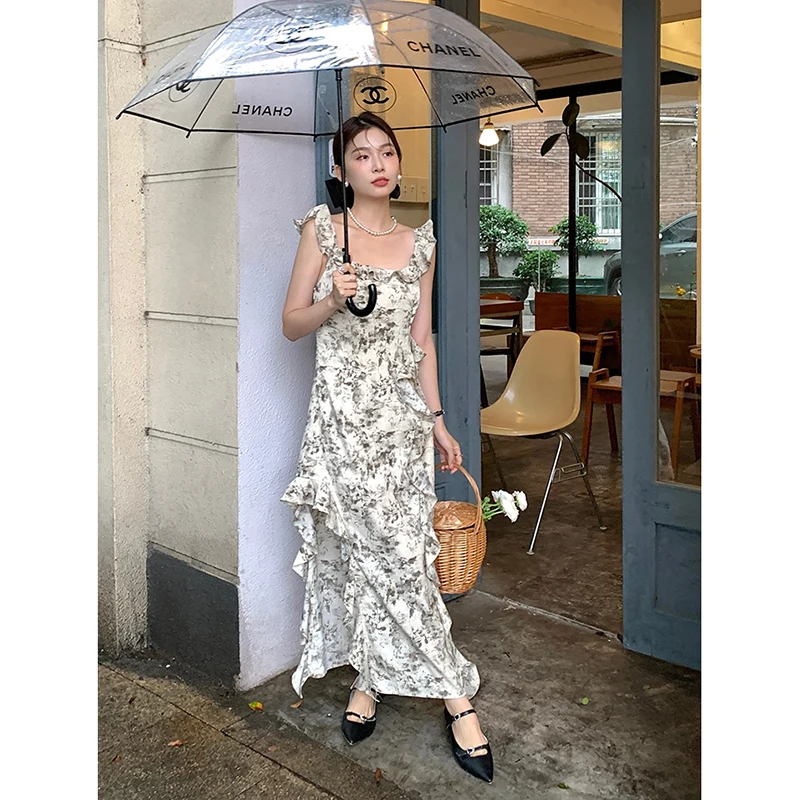 

Ruffles Dress Women Floral Holiday Beach Style Romantic Straps Sexy Backless Sweet Lady Feminine Korean Stylish Fashion Female