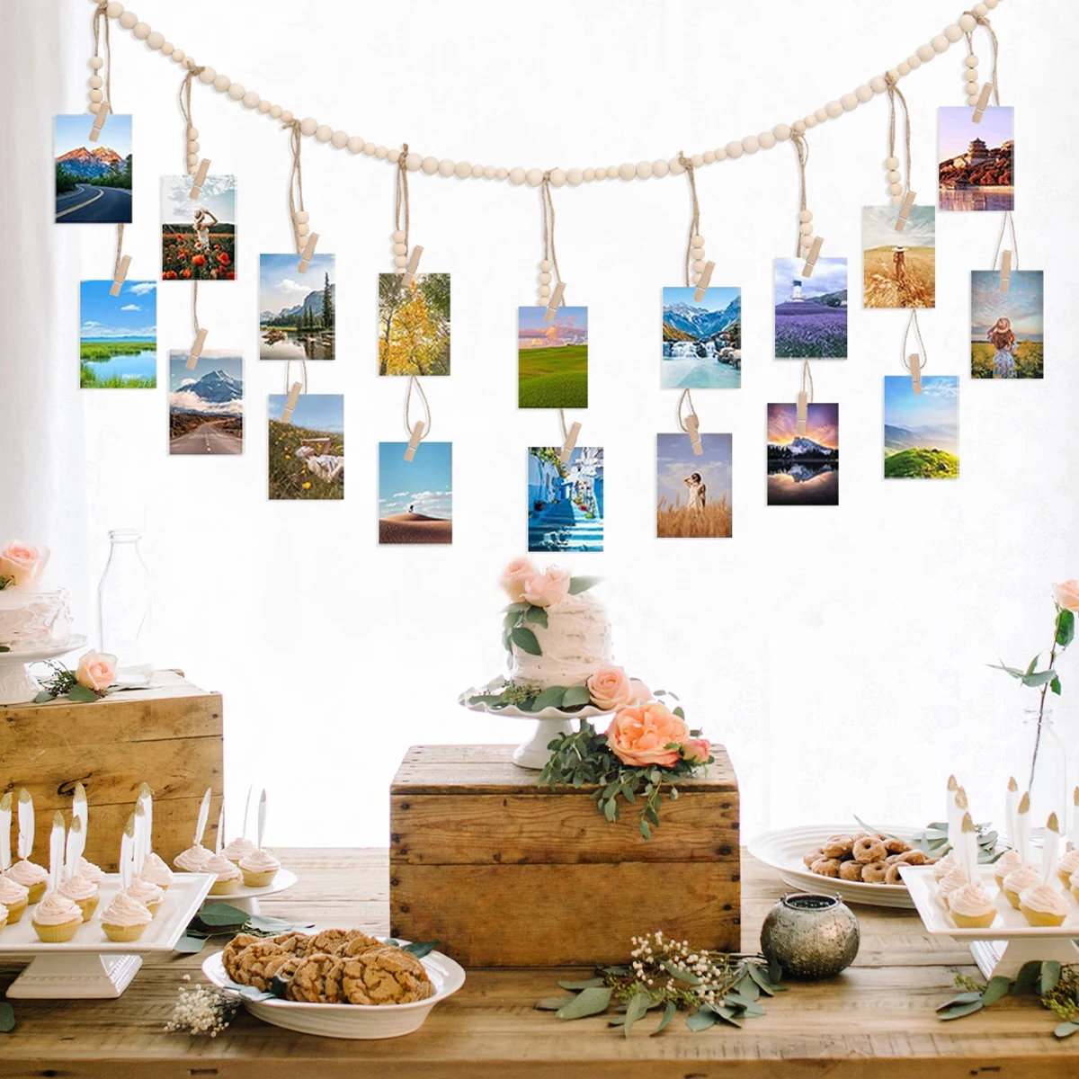 Hanging Photo Display Hanging Photo Display with Log Color Wooden Bead String Photo Storage Tassel String Hemp Rope Bead Clip Home Decoration