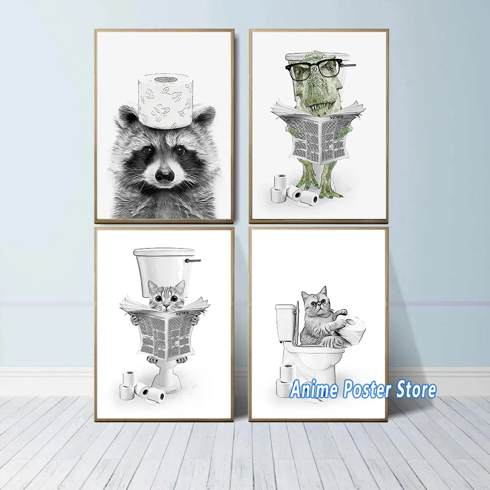 

Animal Bathroom Poster Prints Cute Picture for Raccoon Toilet Paper Dinosaur Cat Read Newspaper Funny Toilet Modern Wall Decor