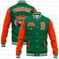 Custom Kelly Green-Orange Varsity Bomber Jacket | 3D Pattern Full-Snap Letterman Coat