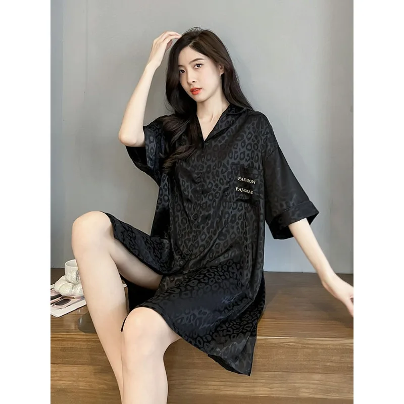 Ice silk nightdress Women's summer Short sleeve thin Leopard print Sense of advanced Sexy silk blouse nightdress Home dress