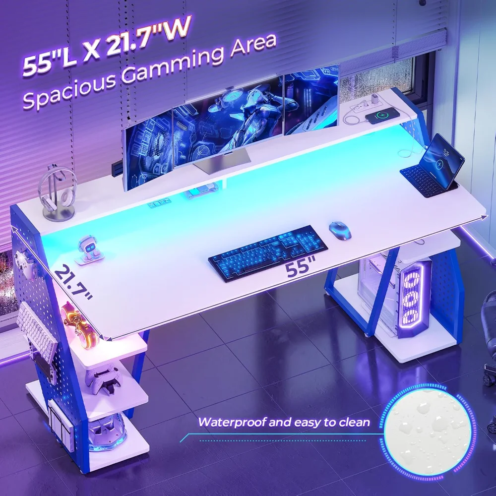 Gaming Table 55'' with LED Light and Storage Shelves, Computer Table with Monitor Stand, Power Outlets and Pegboard, White/Blue 6