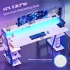 Gaming Table 55'' with LED Light and Storage Shelves, Computer Table with Monitor Stand, Power Outlets and Pegboard, White/Blue 6