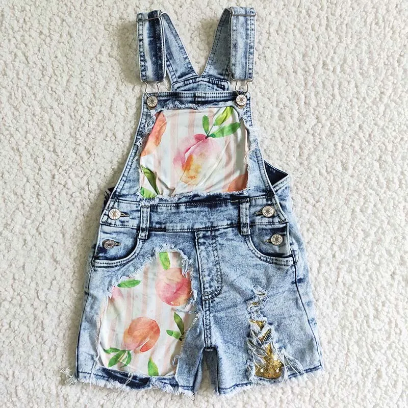 

Baby Girl Denim Peach Overalls Light Wash Summer Ripped Shortalls Kid Backless Clothing Wholesale Children Toddler Pocket Shorts