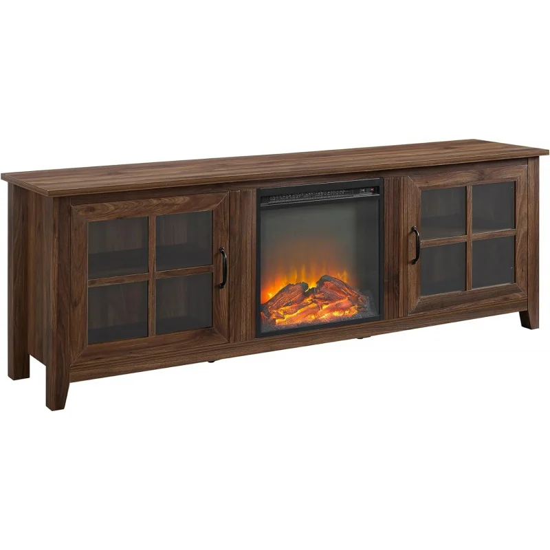 

Walker Edison Bern Classic 2 Glass Door Fireplace TV Stand for TVs up to 80 Inches, 70 Inch, Walnut