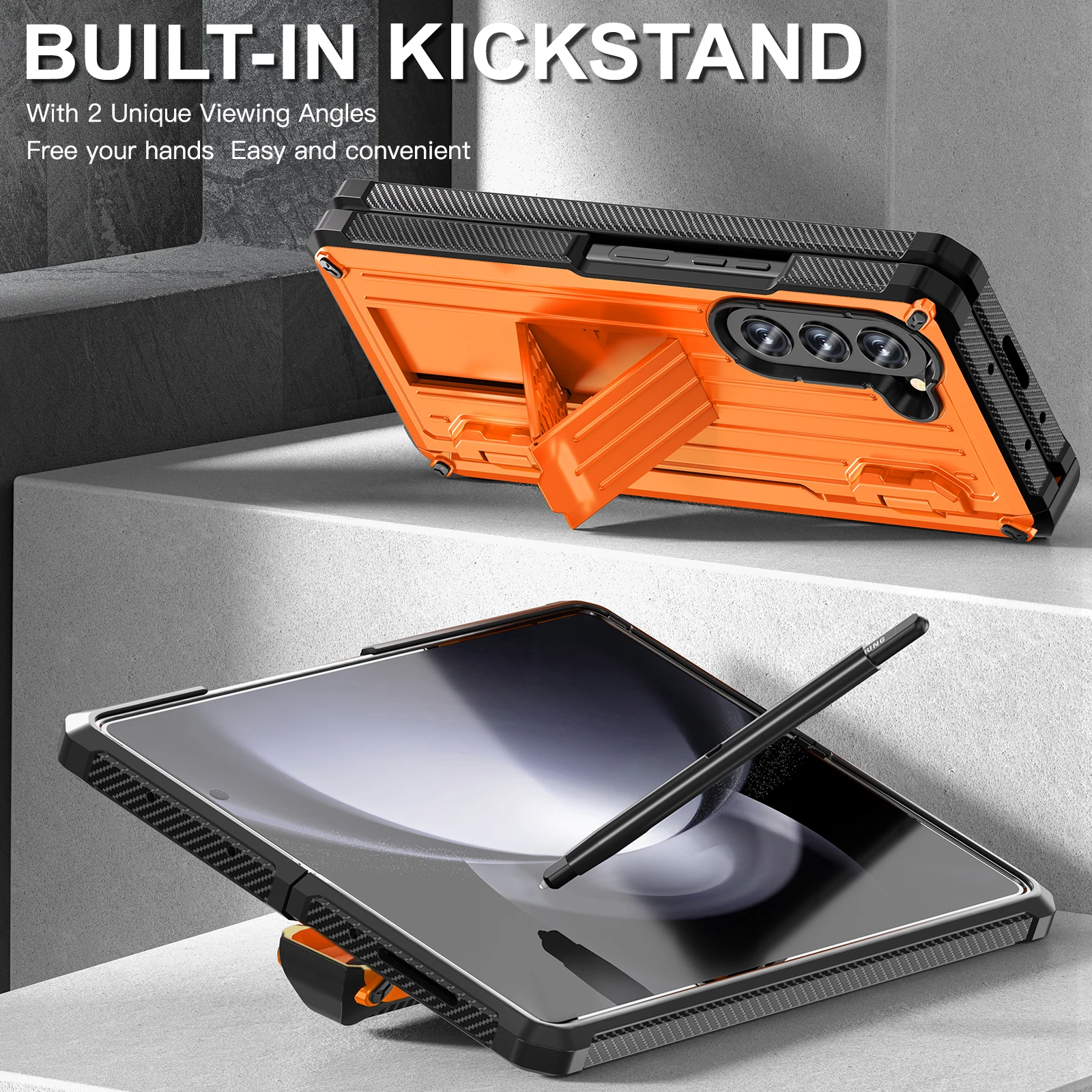 Premium Phone Case with S-Pen Holder & Kickstand - Hinge Protection & Built-In Screen Protector