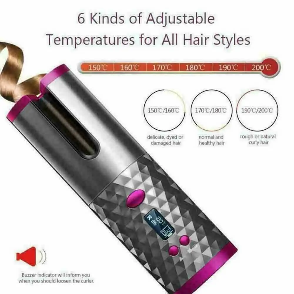 Ondulação do Cabelo Ferro sem Fio Modelador de Cabelo Automático Curling Wand Display 6 Temperatura Ajustável Usb Recarregável Rápido Aquecimento Lcd 11 curling wand display lcd 6 temperatura ajustável