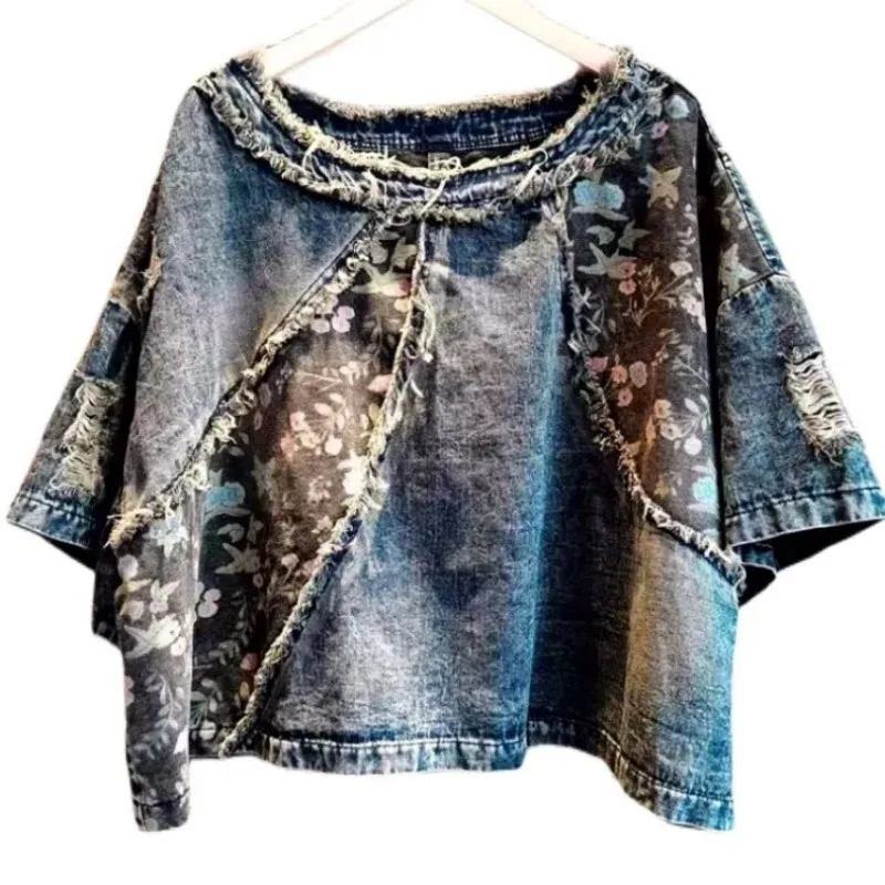 polished-white-worn-denim-fragmented-flower-splice-ragged-edge-pull-cut-t-shirt-women-o-neck-lx394s