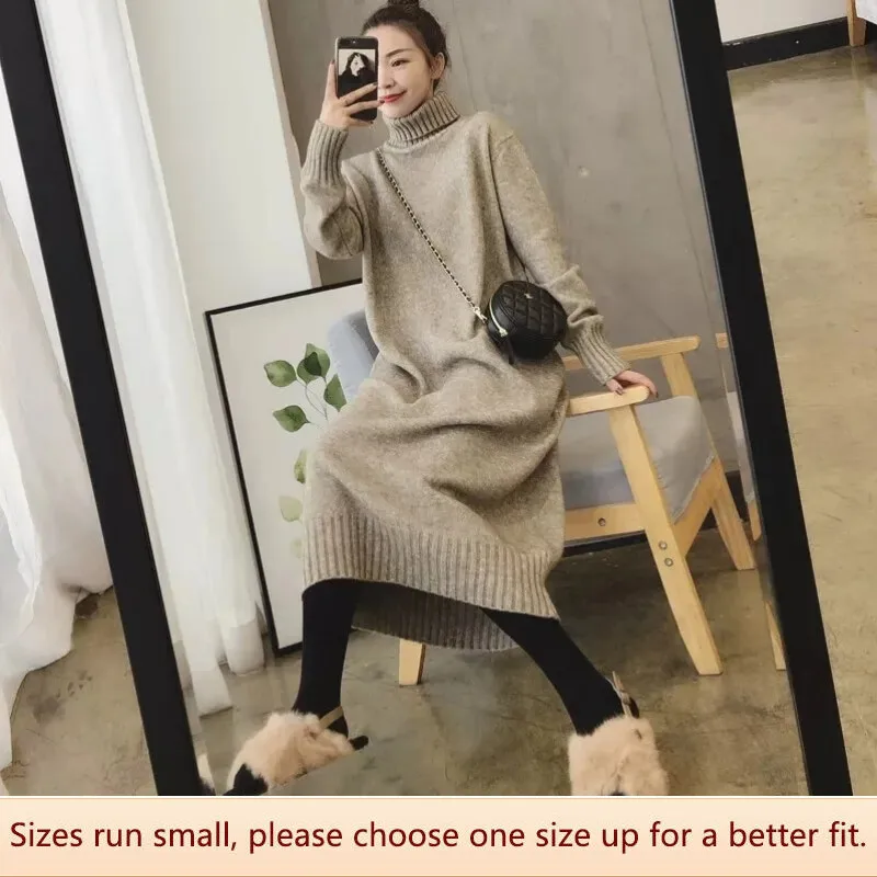 Vestido De Lana Para Mujer, Otoño, Invierno, Medio Cuello
