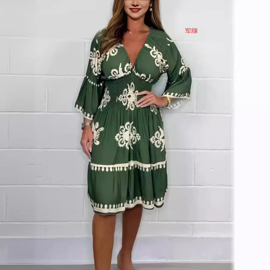 

Hot selling 2024 summer new European and American fashion foreign trade women's V-neck printed dress