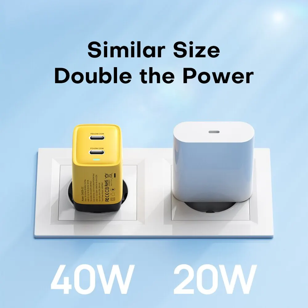 ASOMETECH 듀얼 USB C 타입 고속 충전기, 40W GaN 충전기, QC4.0 PPS PD 휴대용 휴대폰 충전기, 아이폰 16, 삼성 S23, 아이패드 태블릿용