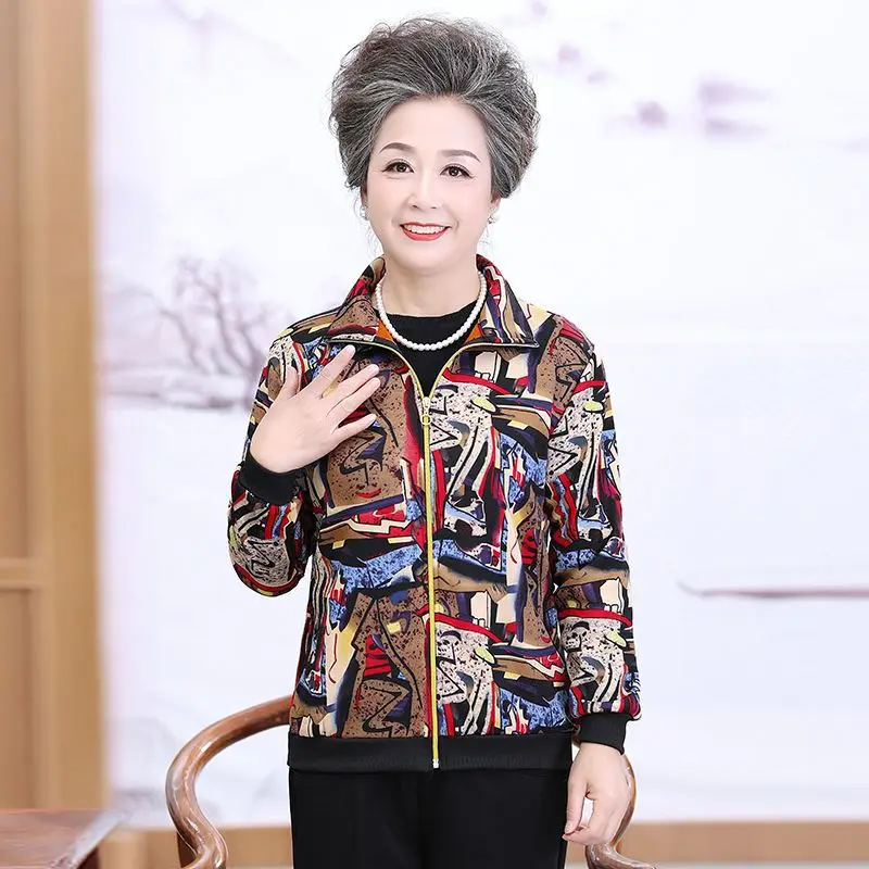 2023 Autumn/Winter New Mid Aged and Elderly Wear Warm Coat with Thickening and Reducing Age Slim Zipper Top Printed Jacket