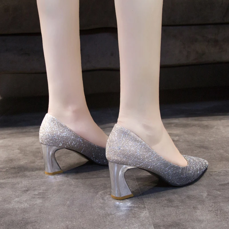 Sequins Wedding Party Shoes Women Sexy Pointed Toe 6.5cm Thick Heel Pumps Woman Slip-On Shining Banquet High Heels Shoes Female 4