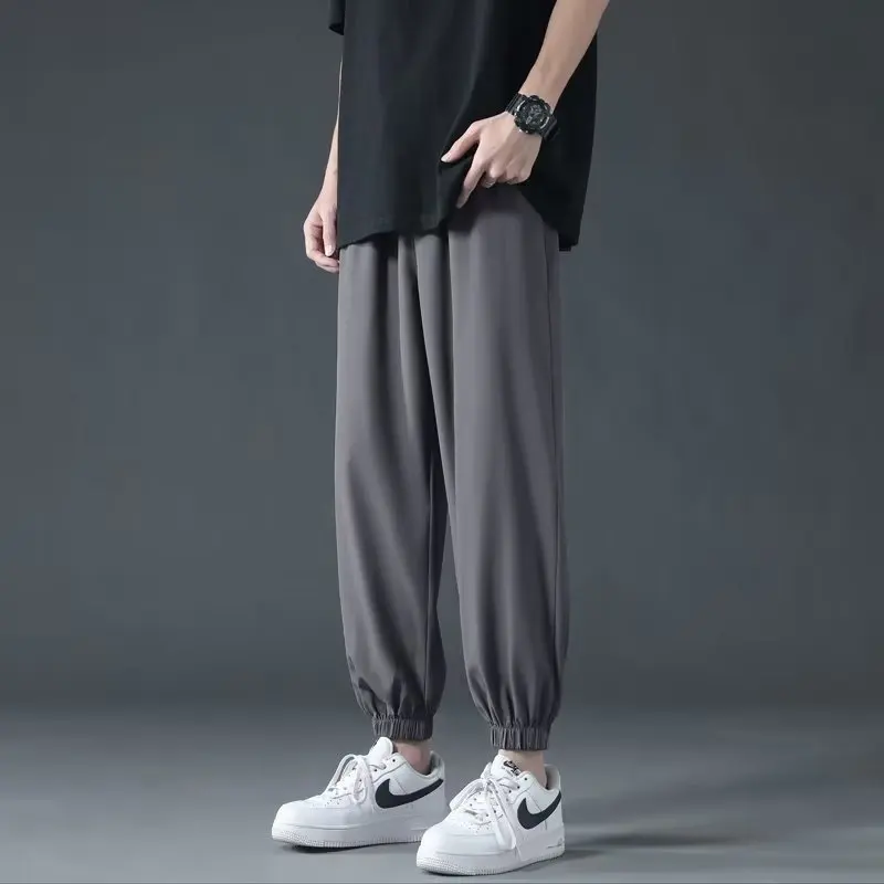 Solid Color Elastic Waist Ice Shreds Men Summer Simplicity Hong Kong Winds Loose Large Size Sagging Sensation Wide Legs Trousers