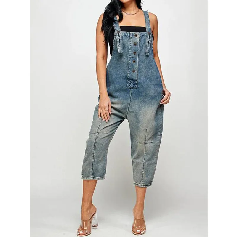 Midiross Vintage Casual Streetwear Big Pocket Loose Jeans Harem Pants Overalls Jumpsuit Women's Baggy Denim Trousers