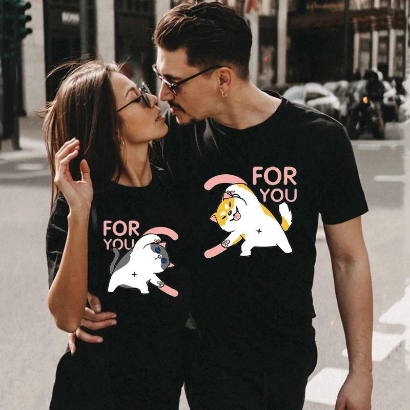 

Seeyoushy Valentine's Day Couple Clothes Tops Summer Aesthetic Graphic Shirts Short Sleeve Funny Cute Cartoons Dog and Cat Print