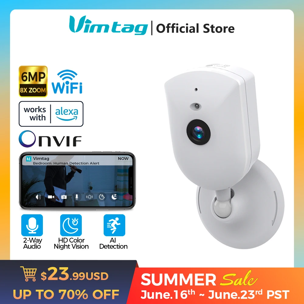 VIMTAG IP 카메라, 와이파이 양방향 오디오, HD 컬러 나이트 비전, 자동 감지, 8X 줌 베이비 카메라, 가정 보안 감시 카메라, 6MP