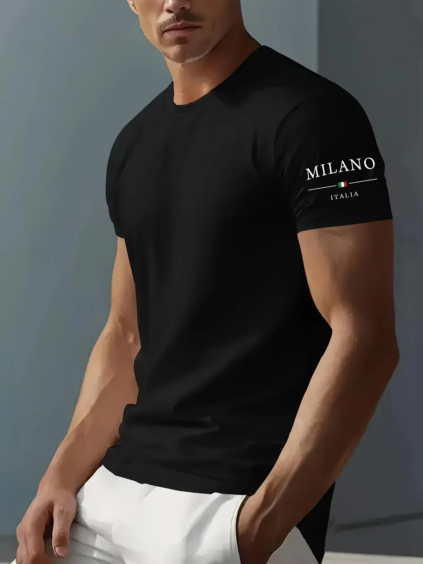 100% reine Baumwolle Herren Sommer Casual Sport Modisch Locker Sitzend MILANO ITALIA Muster Bedrucktes Rundhals Kurzarm T-Shirt Top