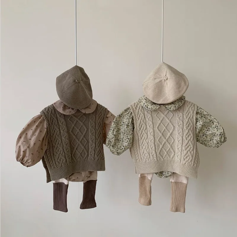 MiniAinis Baby Girl Knitwear Sleeveless Sweaters Autumn Boys Cotton Vest Solid Tops Knit Waistcoat Toddler Pullover Outerwear