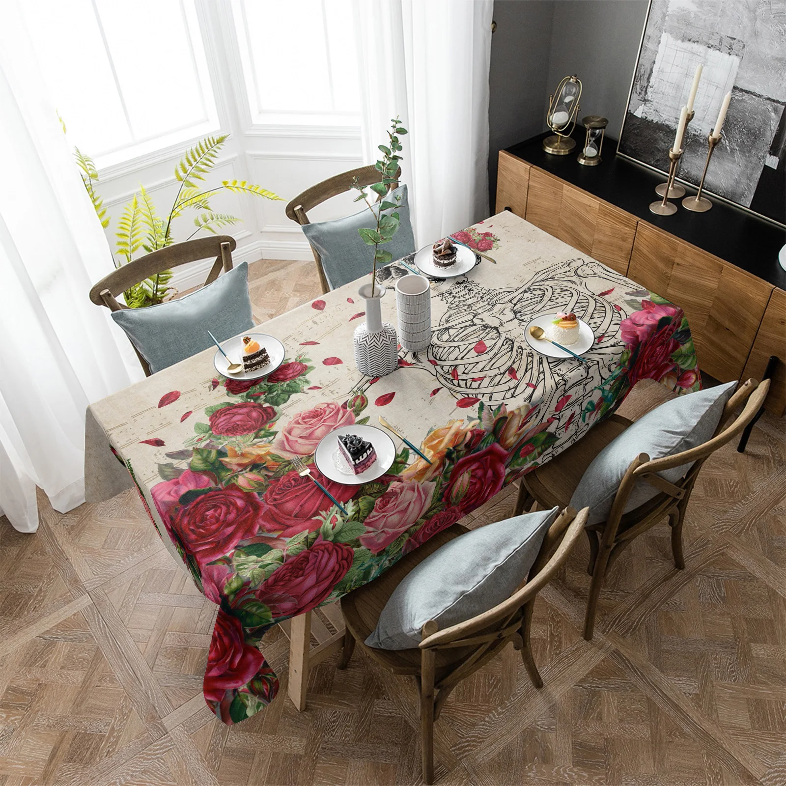 

Водонепроницаемая скатерть в стиле ретро с изображением черепа розы, декоративные принадлежности, прямоугольная скатерть для кухонного стола, декор для стола