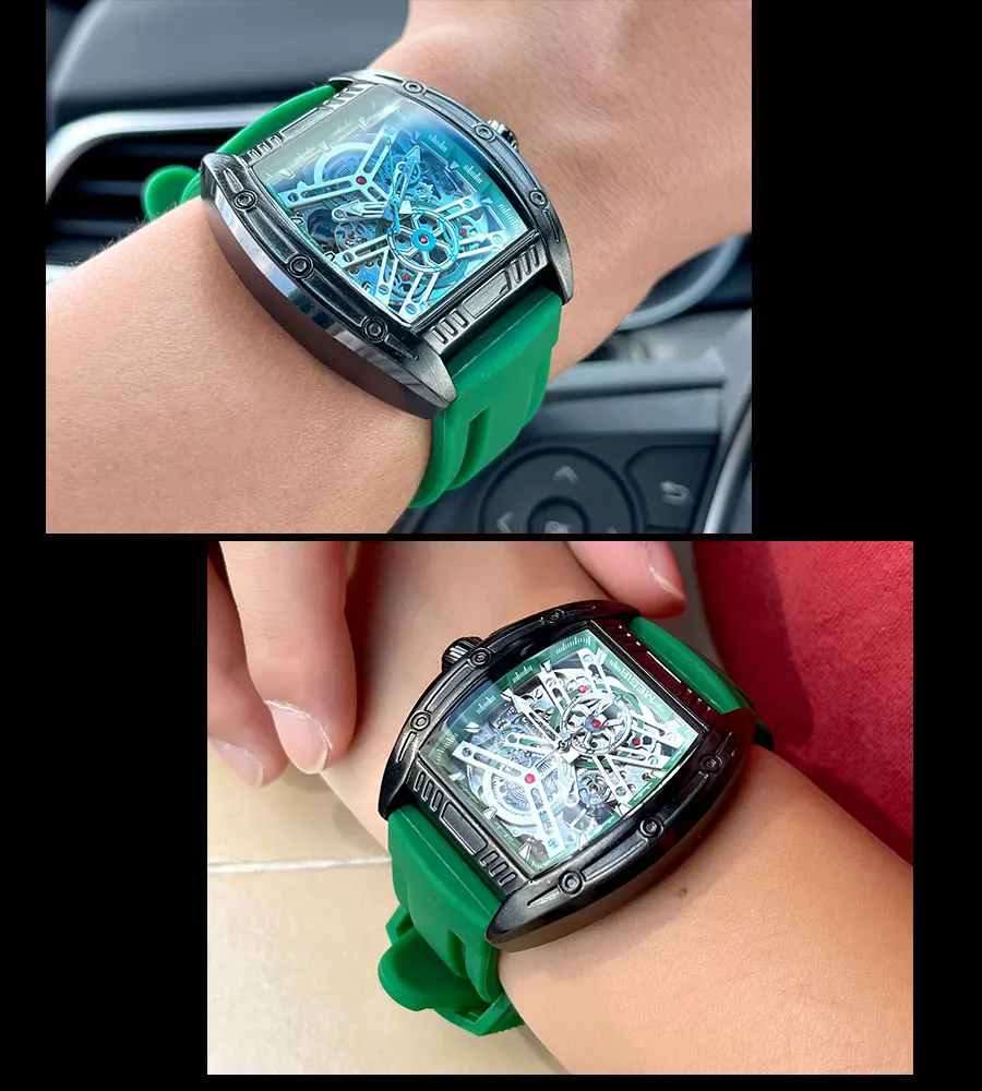 MEGIR Mode Grünes Silikonarmband Mechanische Uhr Herren Militär Sport Wasserdicht Analog Automatik Armbanduhr mit Tonneau Zifferblatt_voghion.com